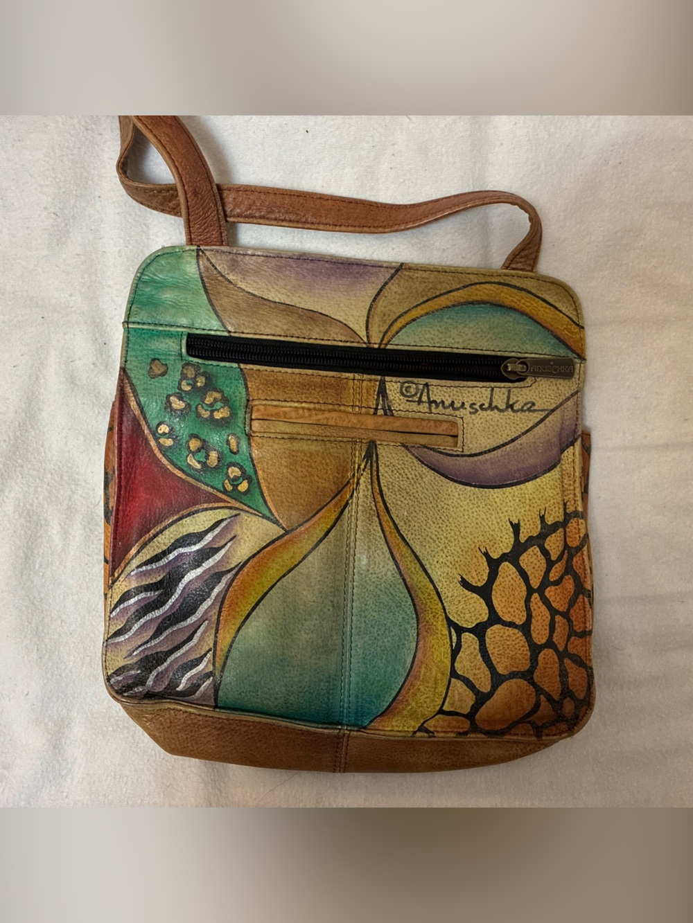 Vintage Anuschka Genuine Leather One of a Kind Asymmetric Slim Crossbody bag